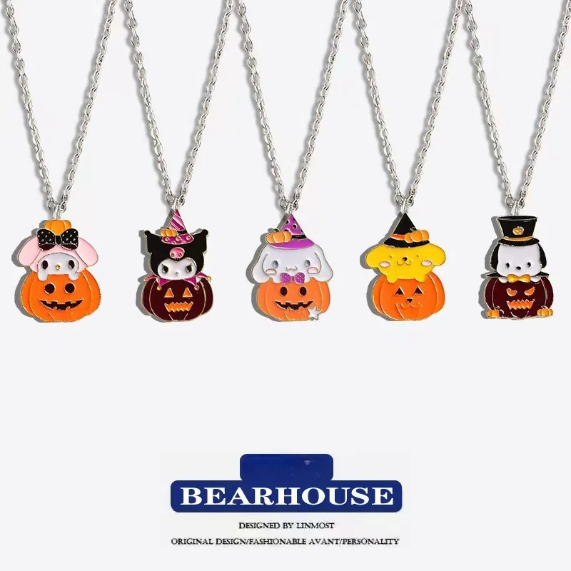 

Sanrio Hello Kitty Halloween Pumpkin Necklace Anime Character My Melody Kuromi Funny My Melodys Cartoon Fashion Decoration Gifts