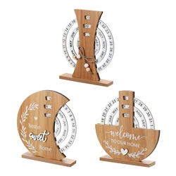 Wooden Perpetual Calendar Disc Stand Manual Rotating Turntable Calendar Month Week Date Display Home Office Desktop Decoration