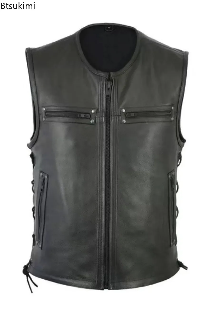 2025 New Men Solid Color Mens Vest Motorcycle Standing Collar PU Leather Vest Jackets Team Punk Sleeve Tops Male Large Size 5XL