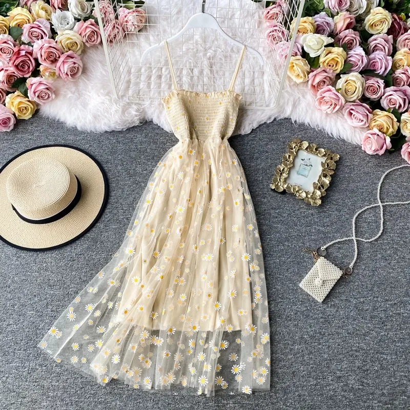 Women daisy Print Dresses Summer Sexy Lace Mesh Dress Spaghetti Strap Woman  Party Night Korean Kawaii Vestidos Floral Vestidos - AliExpress 200000345