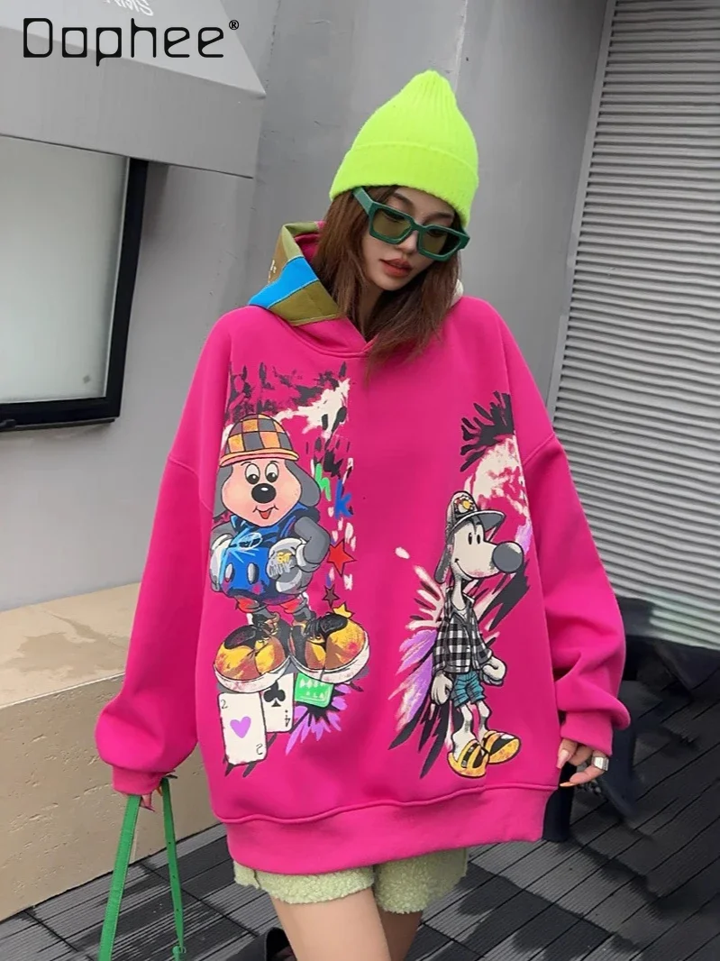 

American Retro Graffiti Cartoon Hip-hop Fleece Hooded Sweatshirts Women's Mid Length Loose Casual Cartoon Hoodie Autumn Winter