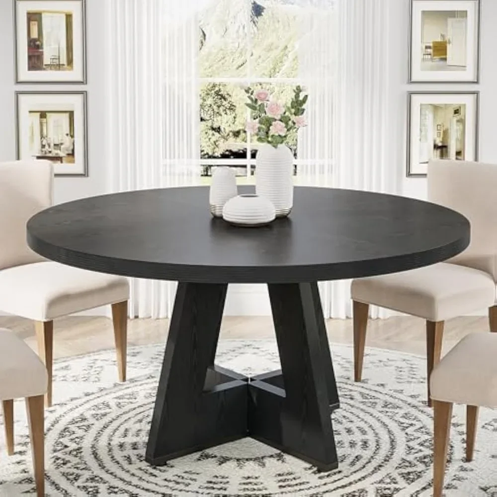 Round Dining Table Wood Kitchen Table for Dining Room Living Room, 47 in Dinning Room Tables for 4 Man, Farmhouse Dinner Table