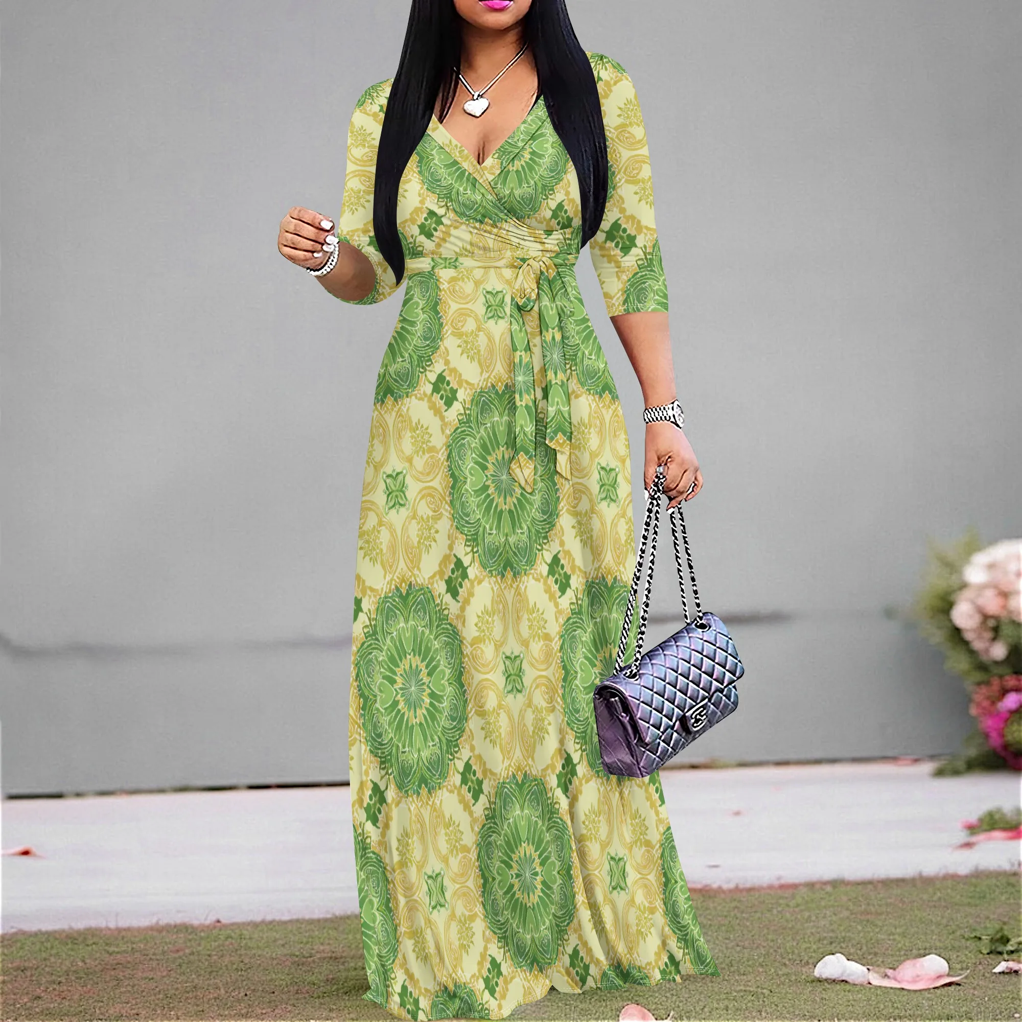 

Women's Boho Floral Maxi Dress Vintage V-Neck Half Sleeve A-line Dress with Belt for Holiday Vacation Wear XS-3XL
