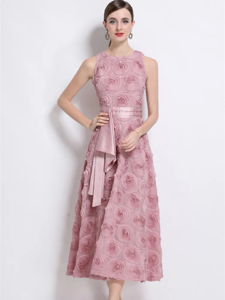

Luxury 3D Plate Flower Women's Prom Dress A-Line Midi Long Party Gown Summer Sleeveless Flutter Slim Splice Pink Evening Dress