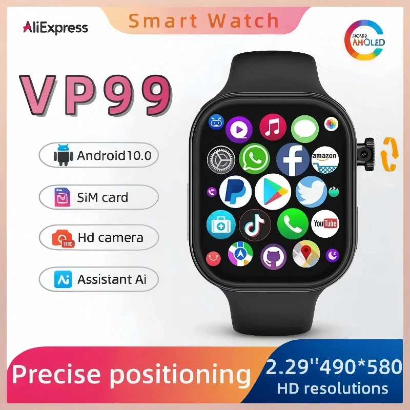 

VP99 Новые умные часы Android 4G 5G LTE с 180 ° Вращающаяся камера 2,29-дюймовый экран Amoled, слот для SIM-карты, GPS, WIFI, Google Play