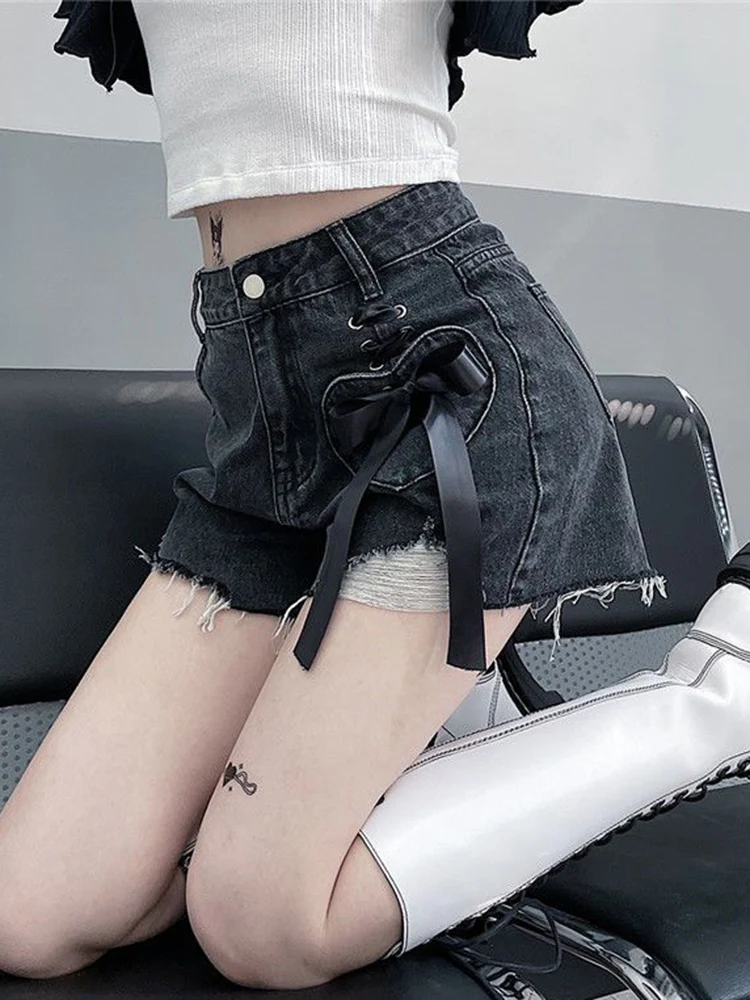 Jmprs Y2K Hole Gothic Denim Shorts Women Streetwear Bow Lace Up Shorts Harajuku Retro High Waist Design Hip Hop Jeans Shorts New