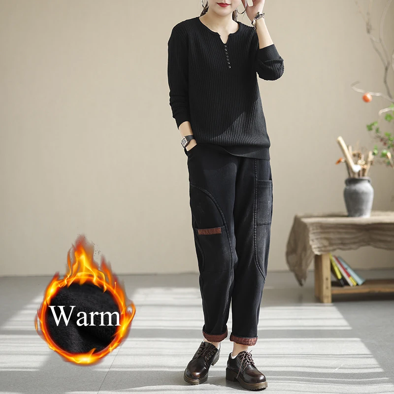 

Black Warm High Waist Denim Pants Women's Plus Velvet Harem Jeans Streetwear Chic Capris Thicken Oversized 80KG Cowboy Trousers