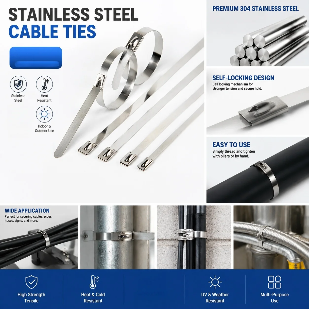 Abrazadera de cable de acero inoxidable 304, 250 mm de largo, 7,9 mm de ancho, abrazadera metálica autoblocante resistente a altas temperaturas para sujetar cables.