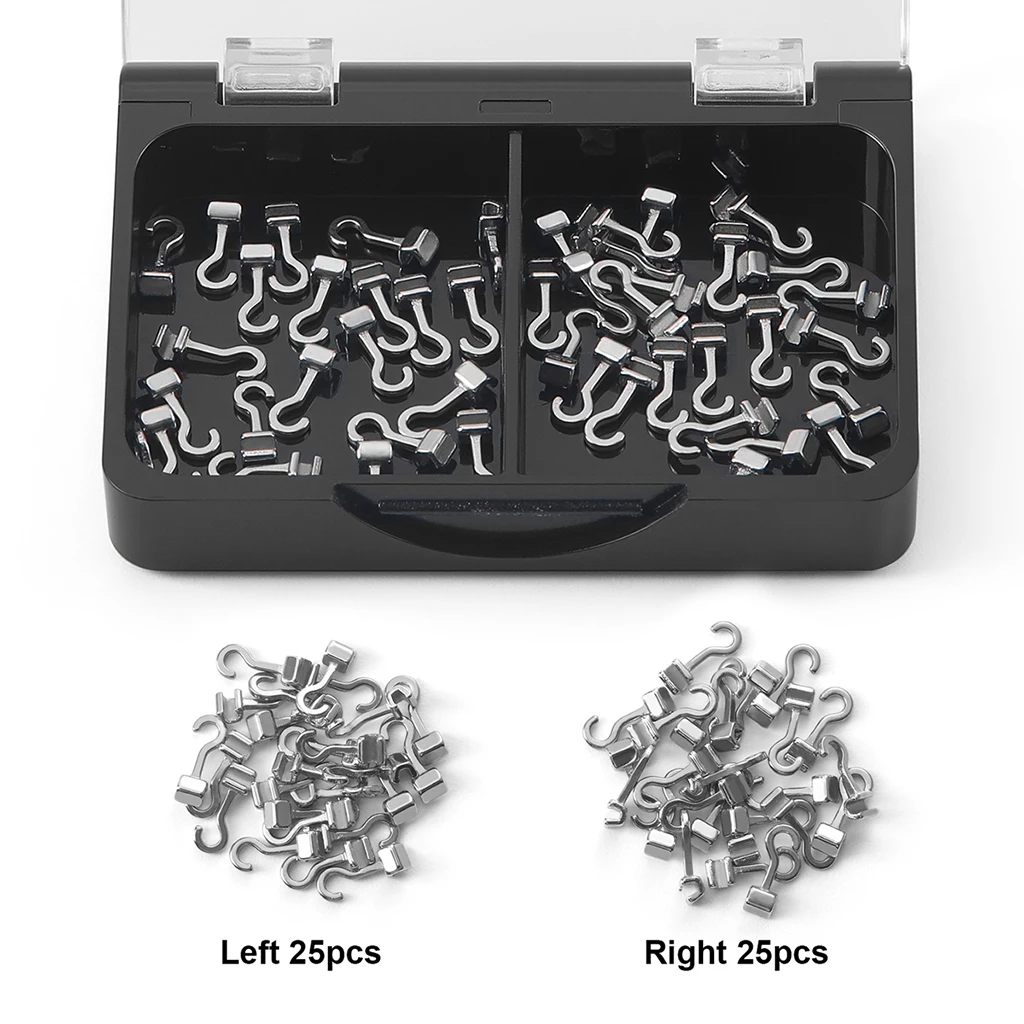 50 Stück/Box AZDENT Dental Kieferorthopädische Gleitende Crimpbare Haken Lang Rechts/Links Gebogene Crimpbare Haken 2,1/3,1/5,4mm Passend für Drahtbögen – Detail 2