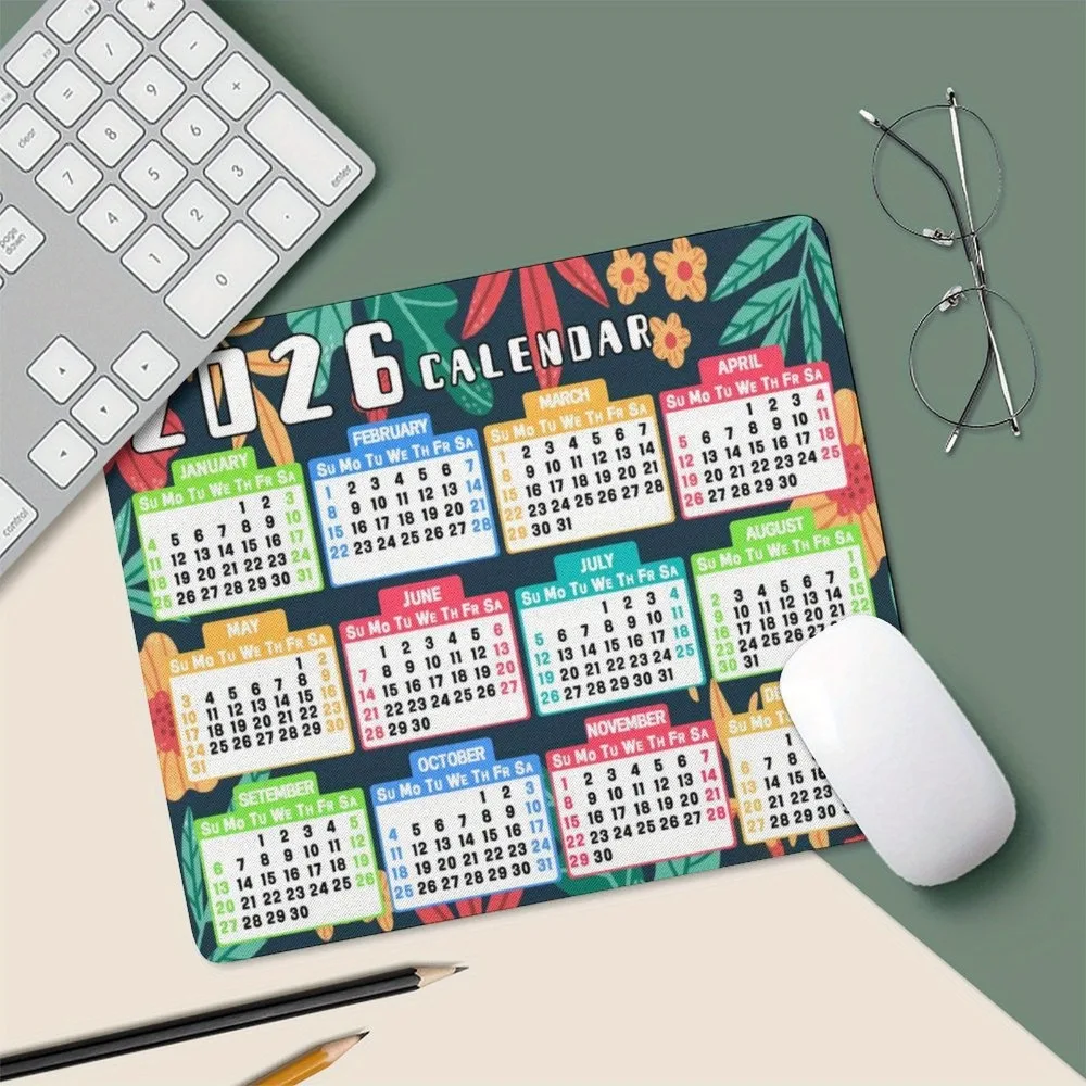 Alfombrilla de ratón cuadrada con calendario 2026, Base de goma antideslizante, almohadillas portátiles de escritorio para oficina, accesorios para ordenador portátil y PC