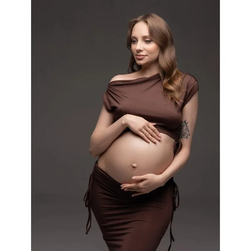 

Sexy Off Shoulder Two Piece Maternity Dress Photoshoot Brown Maxi Gown Pregnancy Outfit Baby Shower Boutique
