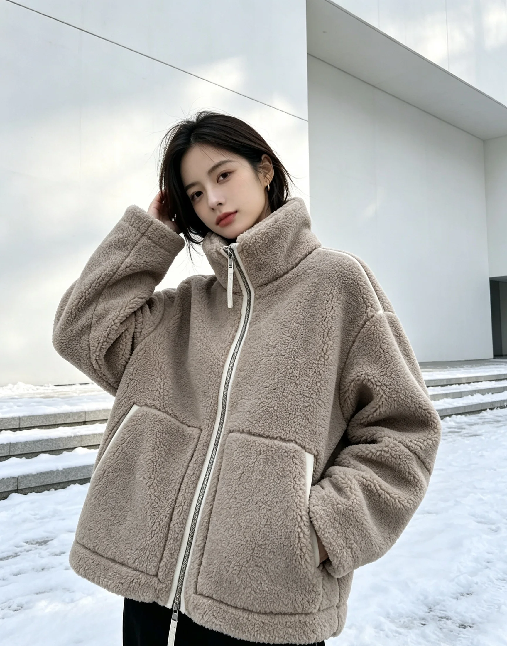 Korean gentle cream white teddy fleece jacket with loose shoulder and double zipper pockets for warm commuting plush top