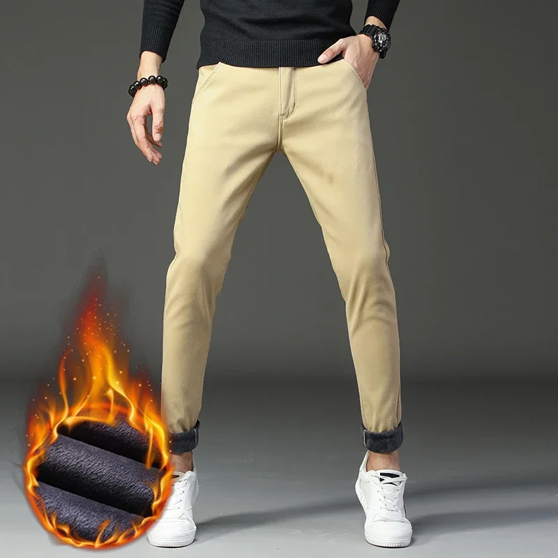 

Korean Autumn Winter Fashion Men's Elegant Versatile Fleece Cargo Pants Office Business Casual Velvet Warm Cotton Trousers