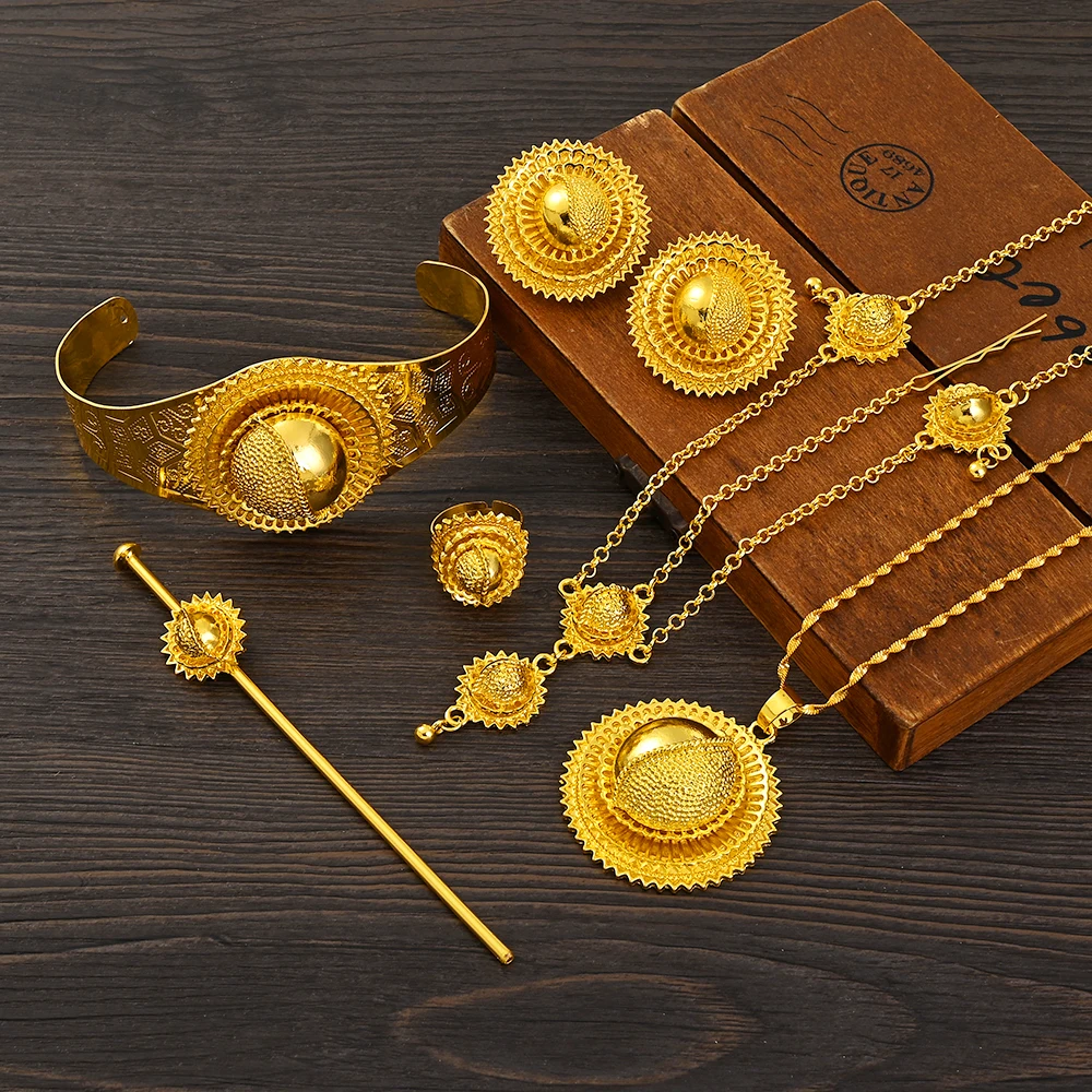 Luxury Gold Plated Bridal Jewelry Sets for Women Ethiopian Pendant Hairpin Necklace Earrings Bangle Ring Wedding Gift