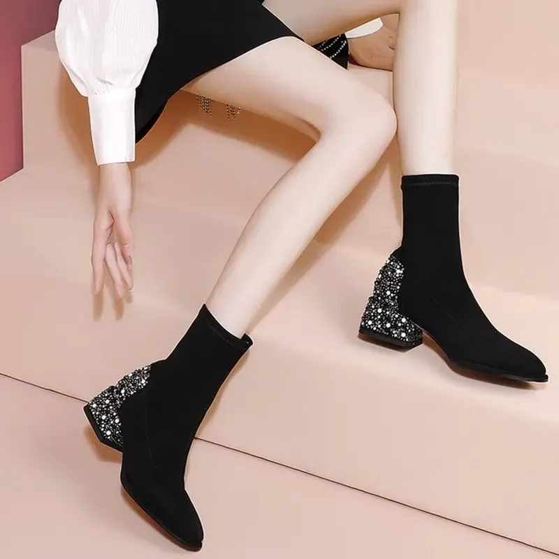 Booties New In Rhinestone Female Short Shoes Autumn Boot Chic and Elegant Winter 2025 Women\'s Ankle Boots Trend Sale Pu On Offer