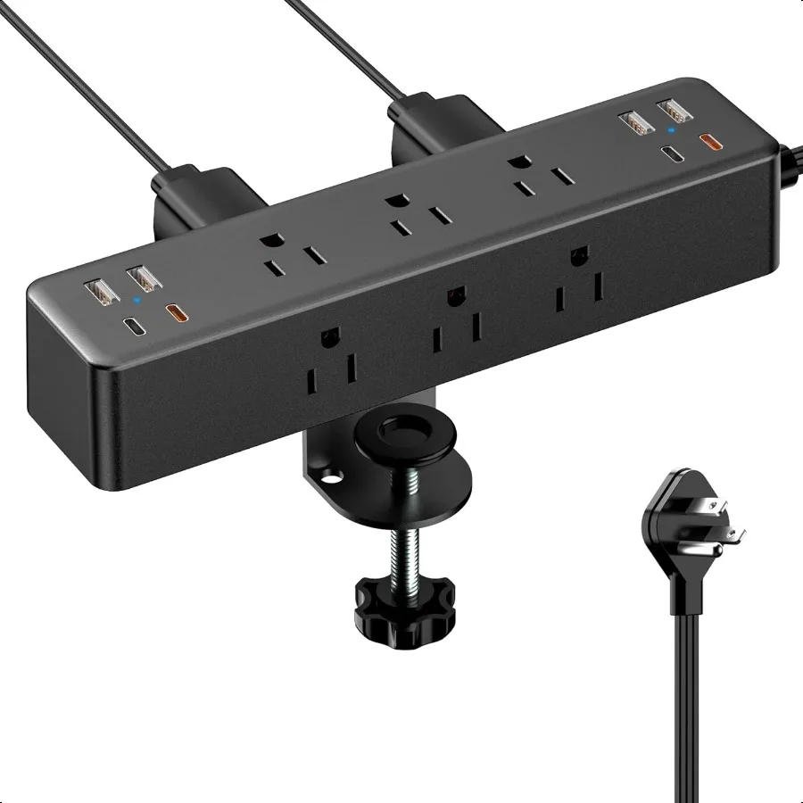 

Flat Plug Desk Clamp Power Strip 10FT 40W Total Fast Charging Station Dual PD 20W USB C Ports Desk Edge Mount Power Strip 9 AC