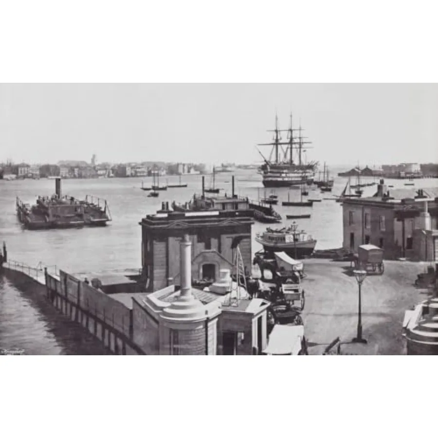 

Portsmouth Hampshire England. General view of the harbour showing Nelson's battleship "The Victory" in the 19th century. From A