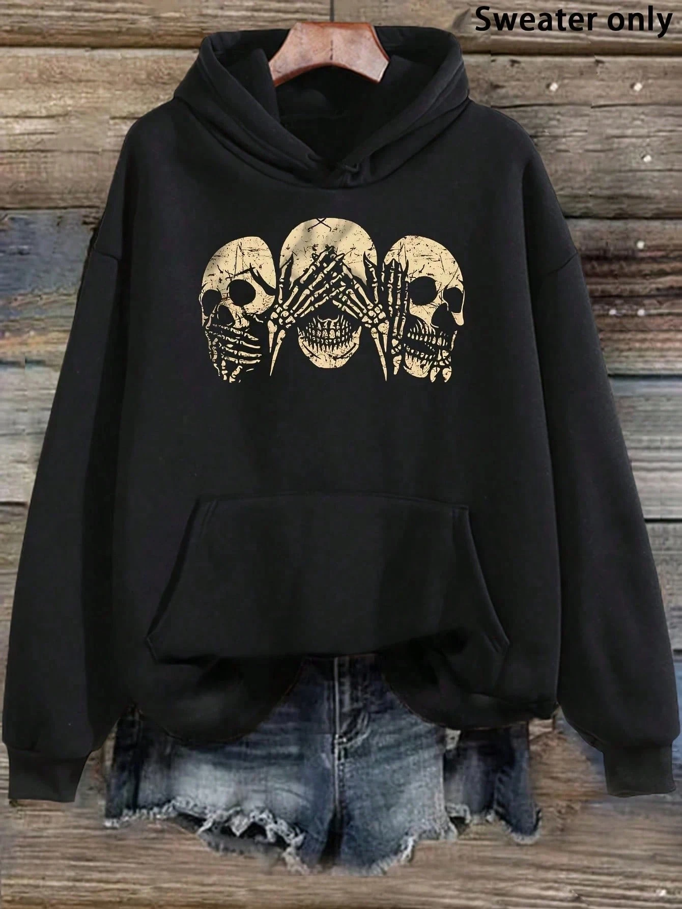 Hoodie Wanita Motif Tengkorak Gothic Hitam yang Nyaman, Sweatshirt Kasual Musim Gugur Musim Dingin dengan Tali Serut dan Kantong, Tren Fashion Halloween Unisex