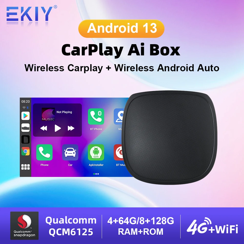 

EKIY CarPlay Ai TV Box Plus Android13 4+64GB 8+128GB QCM 8-Core 6125 Wireless CarPlay Android Auto Support Watch Videos 4G LTE