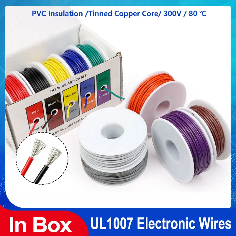 

Boxed UL1007 PVC Insulation Tinned Copper Cable 5 Colors 30/28/26/24/22/20/18/16AWG Multi Stranded Electrical PCB Wire Line