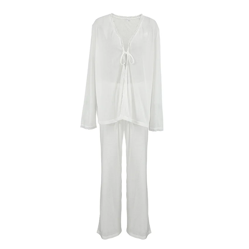 Ensemble de pyjama cardigan Fjadt blanc à manches longues, vêtements de nuit d'automne, vêtements de maison, 2 pièces