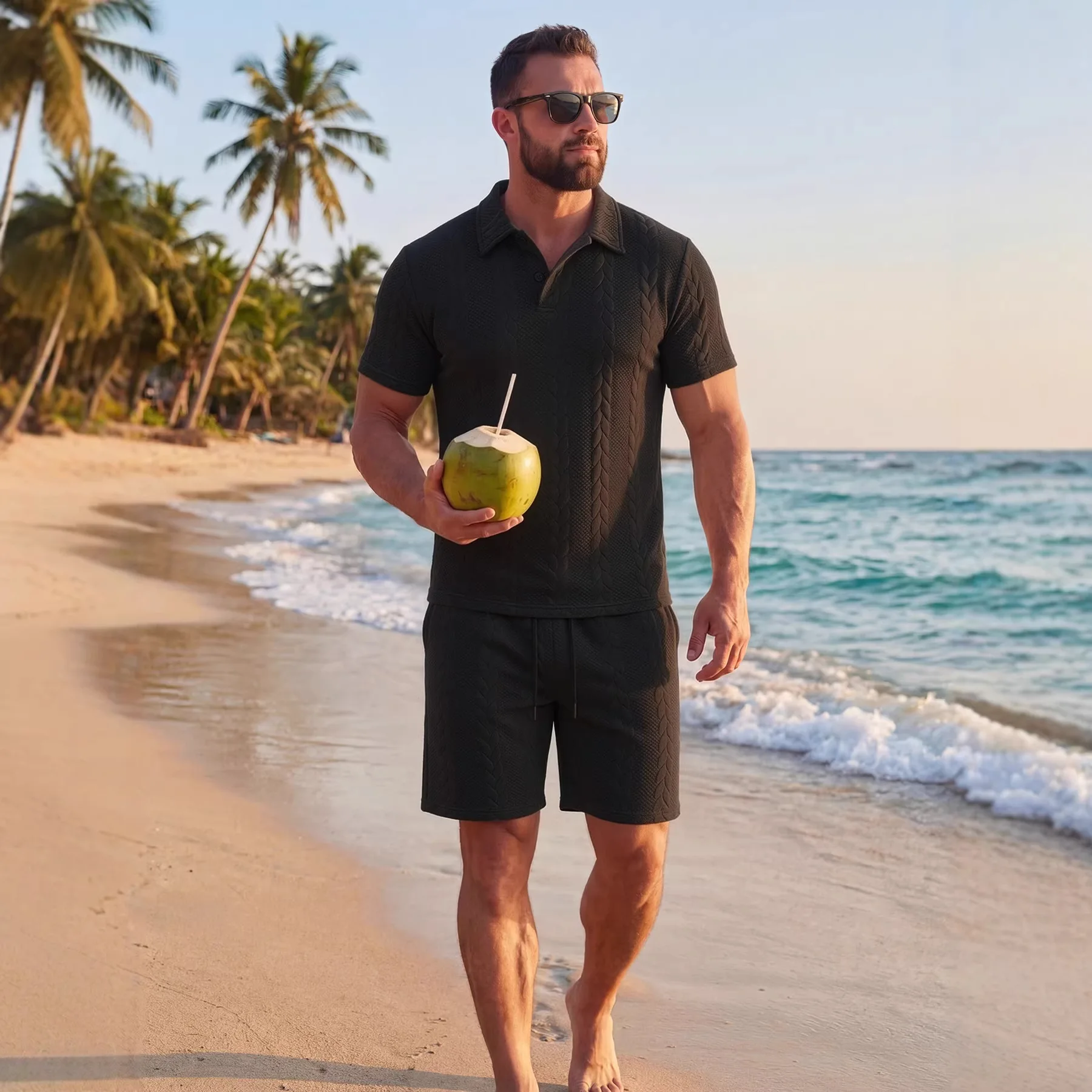 

Old Money Style Men Jacquard Matching Set Short Sleeve Shirt & Shorts Breathable Casual Daily Vacation Sports Two Piece Outfits