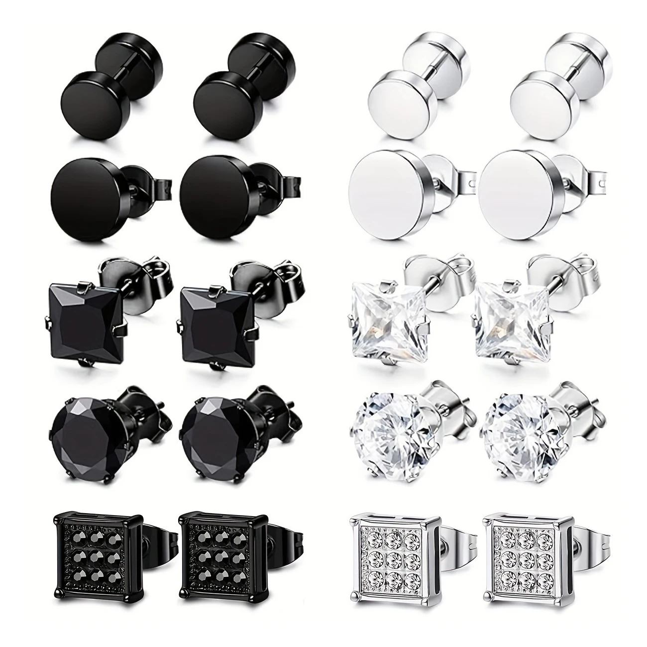 5 pares de pendientes de acero inoxidable para hombres, pendientes cuadrados redondos de circonita cúbica, regalo de fiesta navideña