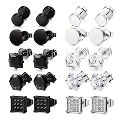 5 Pairs Stainless Steel Stud Earrings For Men, Cubic Zirconia Round Square Stud Earrings, Holiday Party Gift