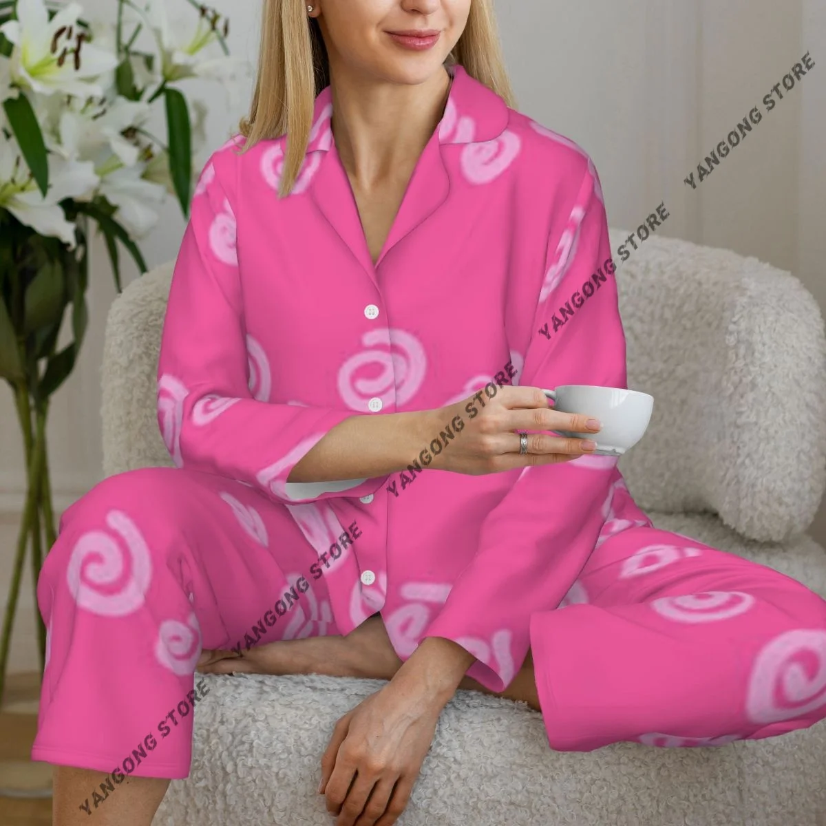 

Женские пижамы в форме стрелки, одежда для дома, одежда для сна из двух частей, длинный пижамный комплект на пуговицах с длинными рукавами