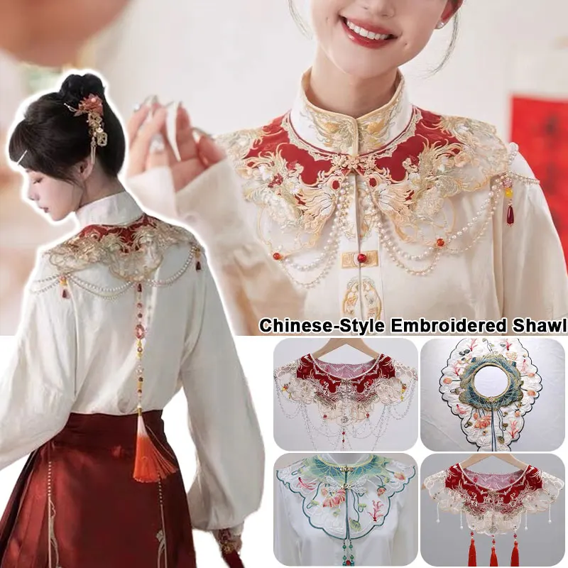 Vintage Embroidery Ethnic Style Hanfu Poncho Capes Cloak  Buckle Pearl Tassel Shawls Wraps Women Fashion Qipao Cloud Shoulder view 3