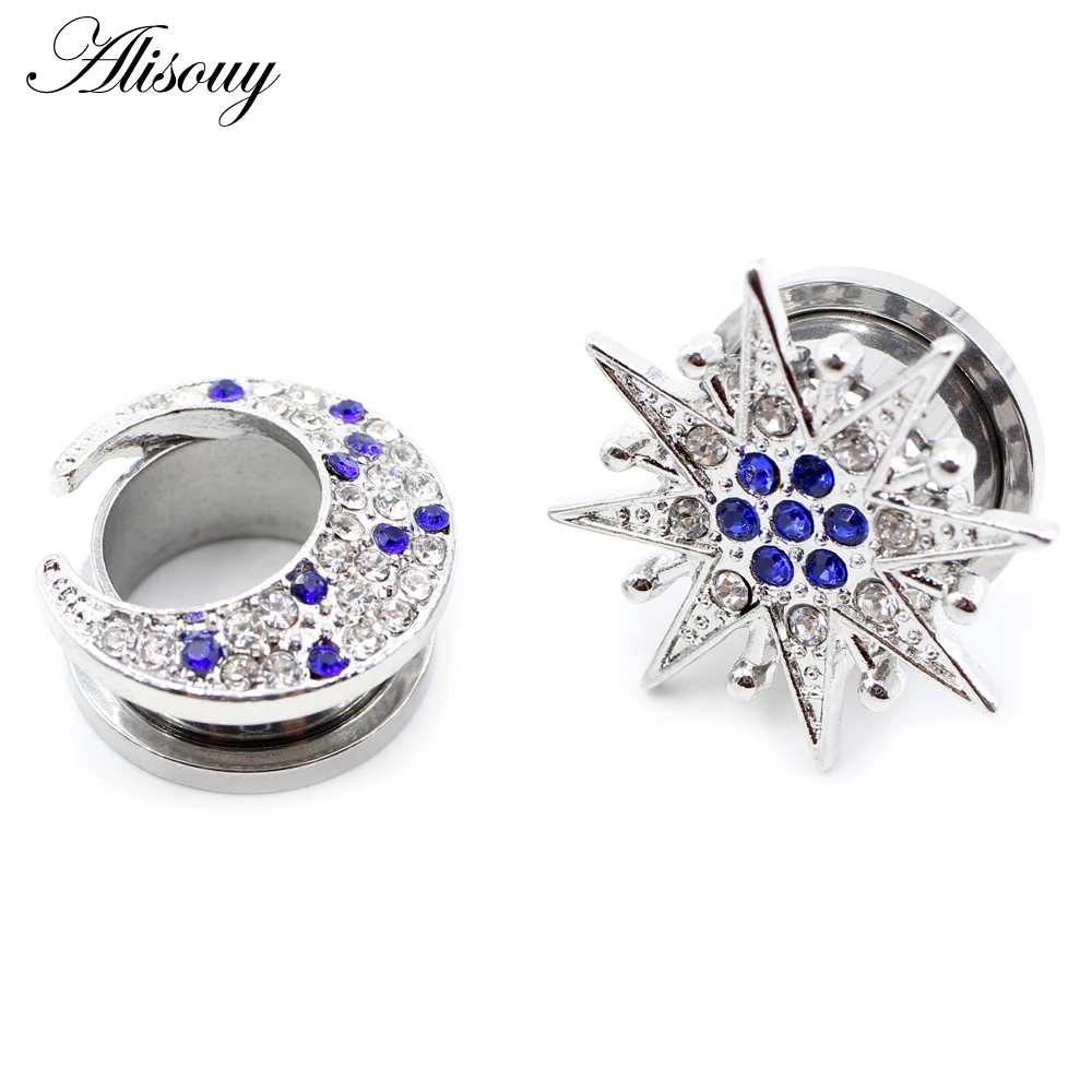 Alisouy 2 Stück Edelstahl Blume Zirkonia Mond Stern Uhr Herz Schraube Ohr Tunnel Plugs Expander Messgeräte Körper Piercing Schmuck – Detail 38