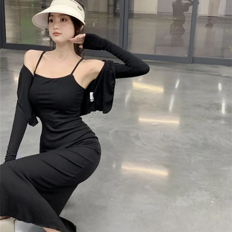 

Muse Celebrity Temperament Royal Sister Style Split Suspender Hip Wrap Dress Long Sleeve Cardigan Fashion Two-piece Set