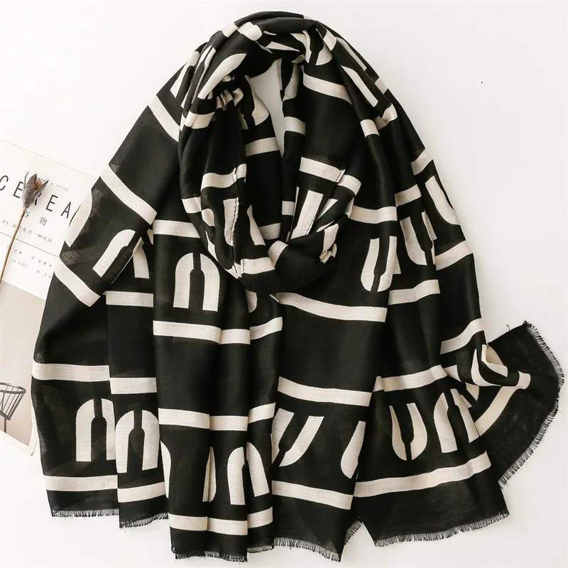 Cross Border Foreign Trade Export Autumn and Winter Cotton and Linen Hand Feel Scarf Striped Letter Printed Silk Scarf for Both