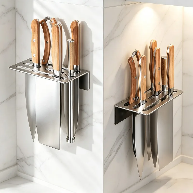Wall Mounted Stainless Steel Knife Holder, Multi-Slot Kitchen Knife Organizer, No Drill Space Saving Rustproof Utensil Rack