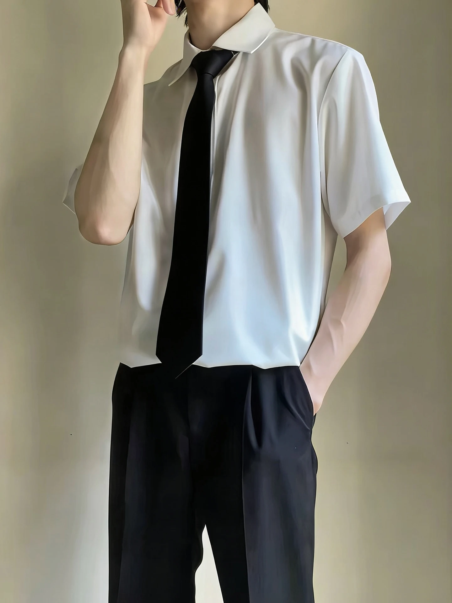 

Short Sleeve Men's Shirt Youthful Style Black Tie College Fashion Outerwear Breathable Polyester Cotton Blend Summer Shirt