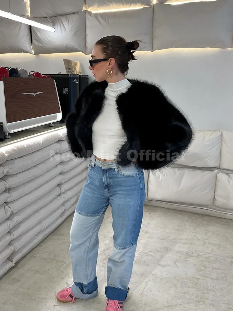 New Mint Girls Fluffy Cropped Eco Fox Fur Jacket Iconic Brand Fashion Week Short Faux Fur Coat Women Luxury Brand Loose Overcoat