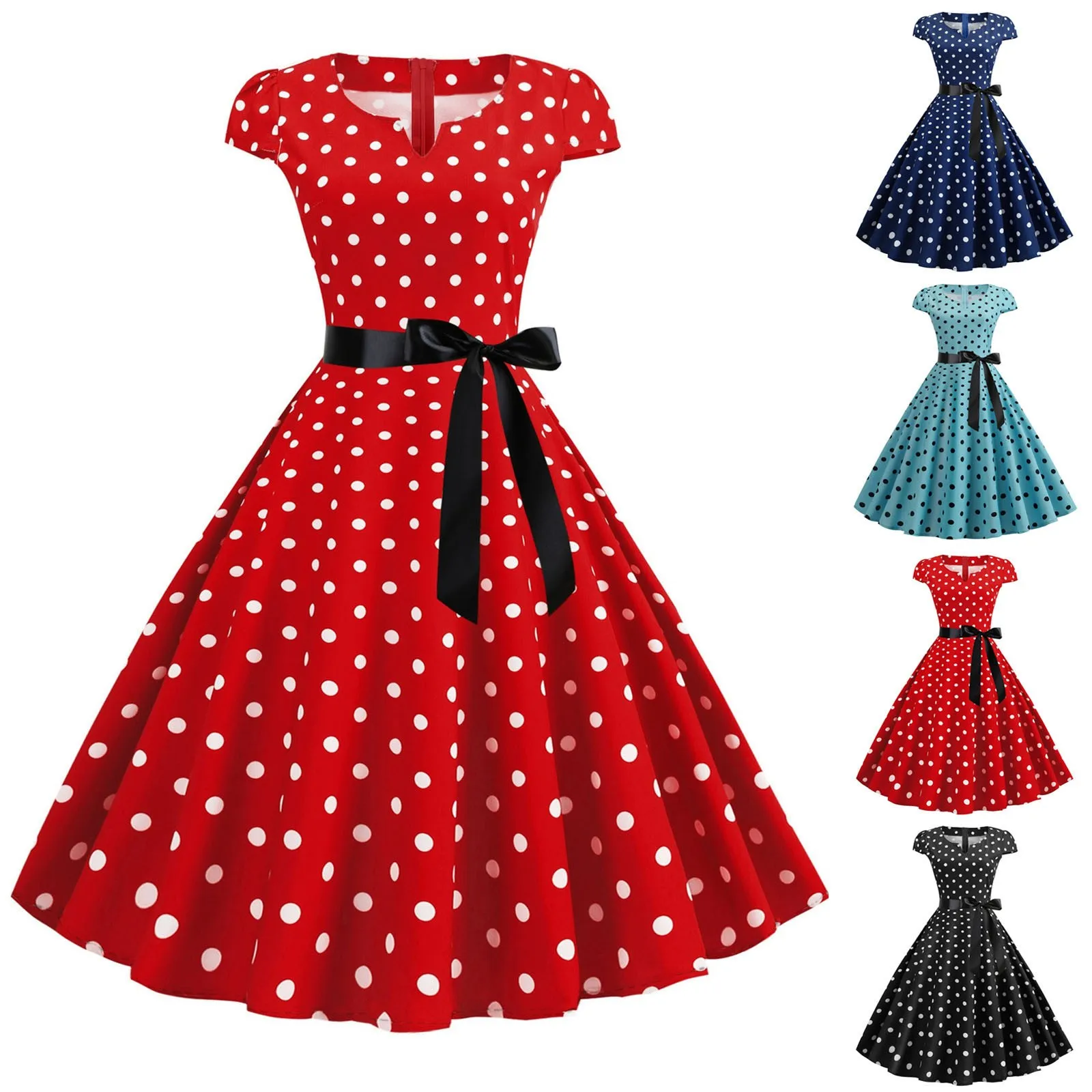

2024 Women Summer A-Line Dress Vintage Polka Dot Summer Dresses Short Sleeve Print Retro 50s 60s Rockabilly Party Sundress
