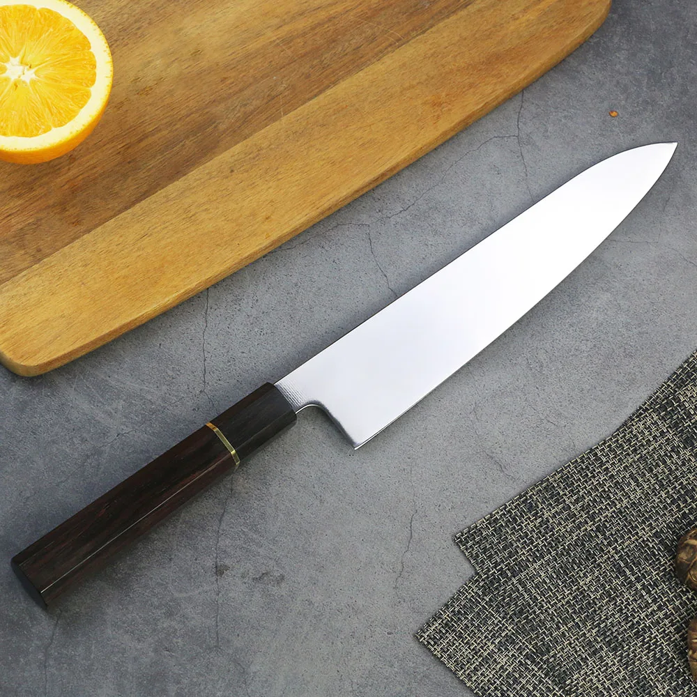 Cuchillo profesional ámbar VG10 de acero con alto contenido de carbono, acabado en espejo, cuchillo súper gyuto japonés de acero inoxidable con mango de ébano