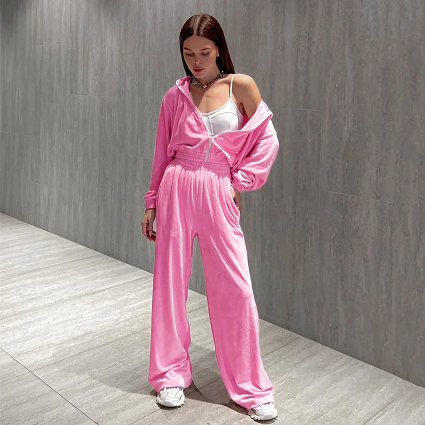 Sleepwear Autumn Women Clothes Casual Velvet Hoodie Suit 2 Piece Sets Wide Leg Sweatpants Stacked Sweat Pants مجموعات بانت