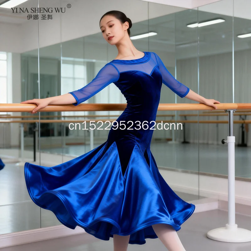 여성용 표준 볼룸 댄스 드레스 고급 버건디 왈츠 댄스복 성인용 긴 소매 볼룸 대회용 댄스 드레스