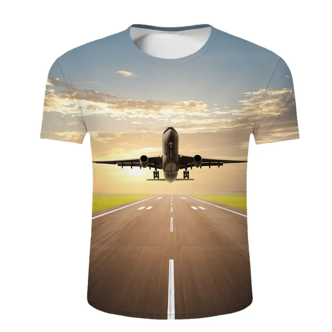Summer T-shirt Fun Airplane Runway 3D Print Fashion Children's Casual Men's and Women's Round-neck T-shirt Children's Outfit