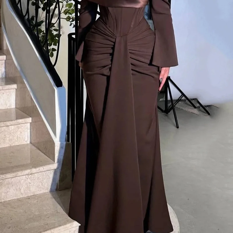 매력적인 브라운 오프숄더 롱 슬리브 머메이드 정장 이브닝 드레스, 우아한 브라운 오프숄더 롱 슬리브 머메이드 프롬 드레스