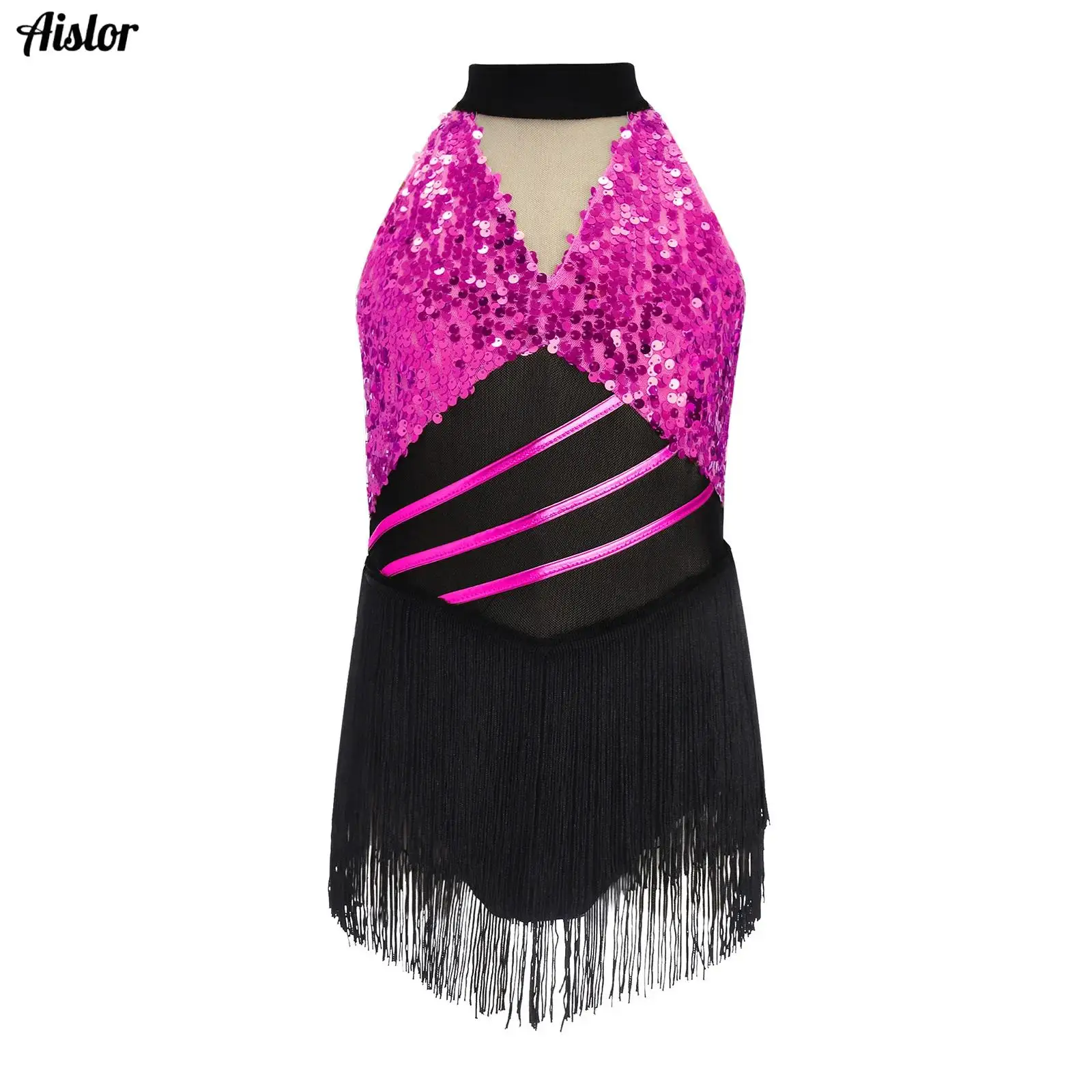 Kid Girls Glittery Sequined Latin Dance Dress Salsa Jazz Tango Dance Sleeveless Mesh Bodice Tassel Leotards Dress Figure Skating