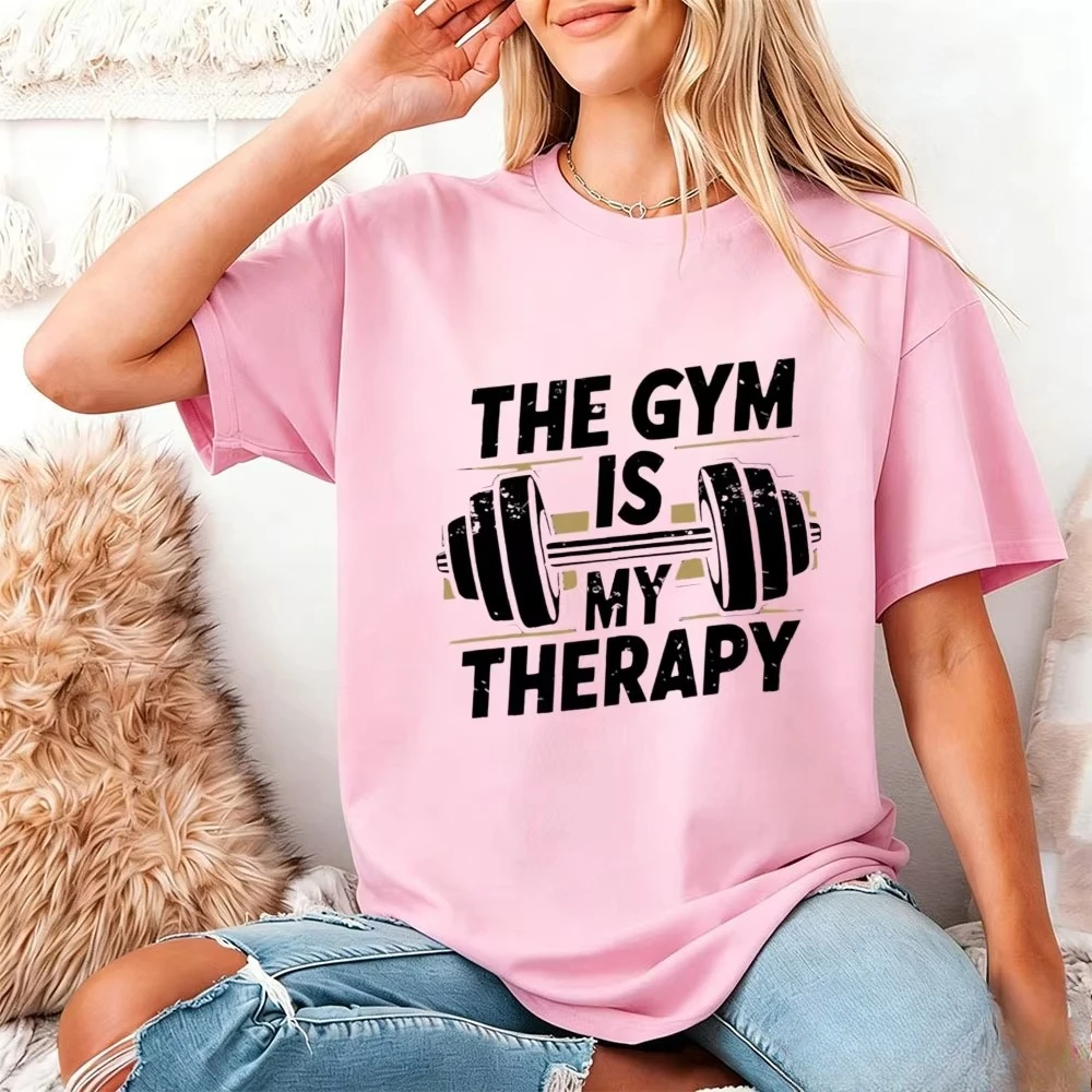 Lustige Fitness-Shirts für Frauen, Workout-Gewichtheber-T-Shirts, Grafik-T-Shirts mit Aufschrift „Gym Is My Therapy“, lockere Gym-Tops, Damenbekleidung