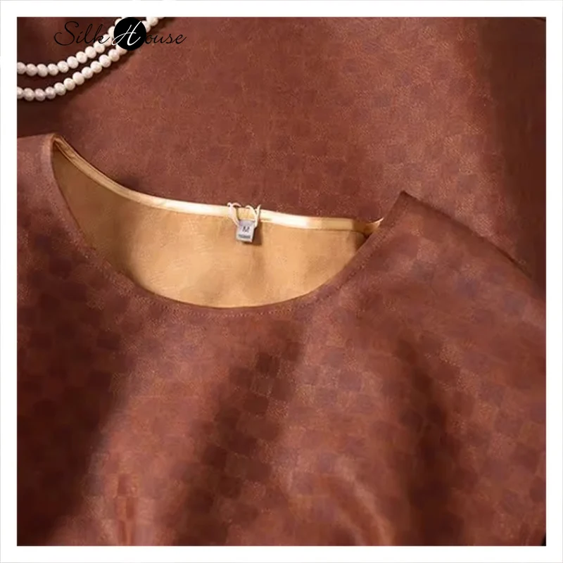

New Chinese Style Fashionable Versatile Small Grid Print 100% Natural Mulberry Silk Song Brocade Women's Casual Dress