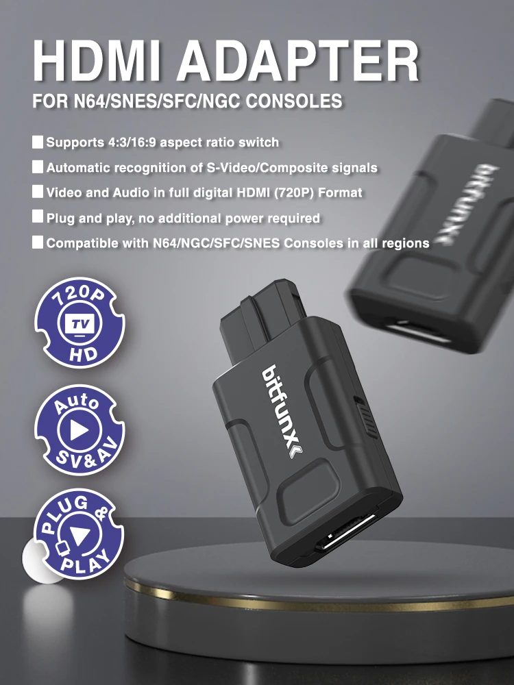 BitFunx 720P 1080P Mini HDMI ™   Adapter do N64/SNES/SFC/NGC z automatycznym przełączaniem 4:3/16:9 i konwerterem wideo S-Video Composite — zdjęcie produktu 7