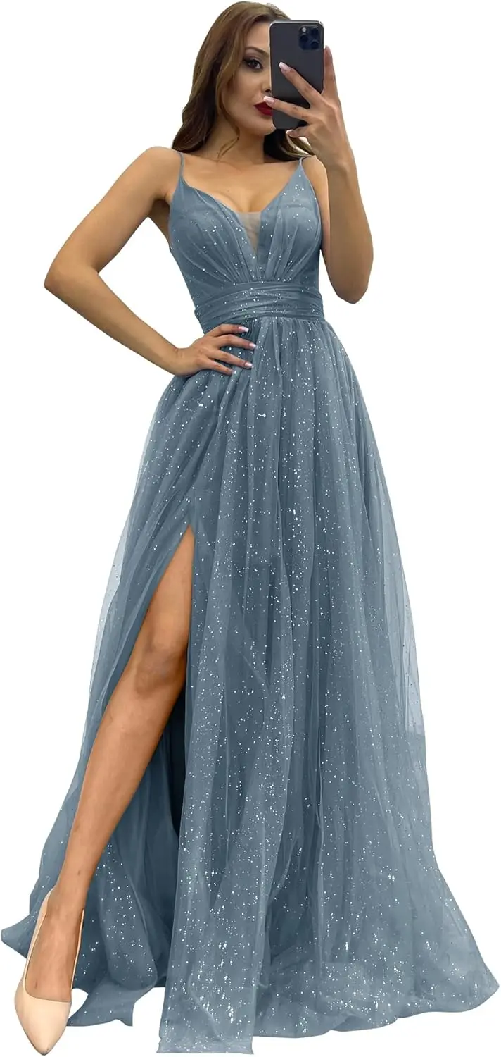 Sparkly Tulle Formal Dresses for Women Pleated A Line Prom Dresses 2025 Spaghetti Strap Long Ball Gowns with Slit