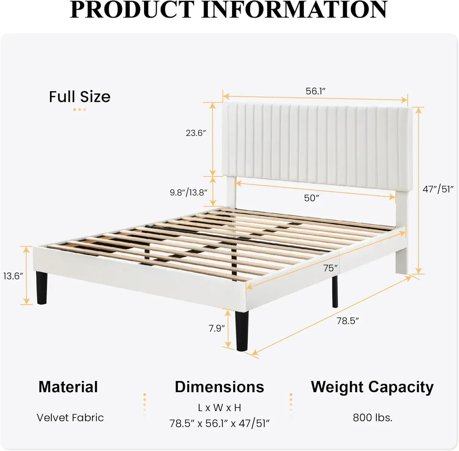 Full Upholstered Platform Bed Frame with Vertical Channel Tufted Velvet Fabric Adjustable Headboard, Off-White