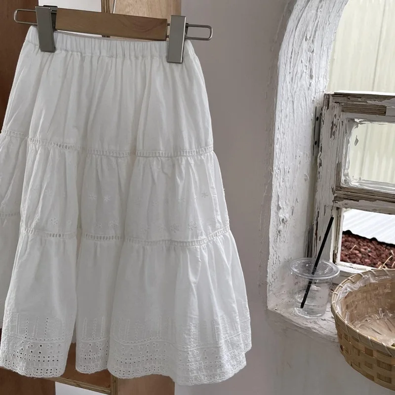 

Baby Toddler Clothes Girls Princess Skirts Lace Embroidery White A-Line Long Skirt Children's Cotton Clothing Kids Casual Skirt