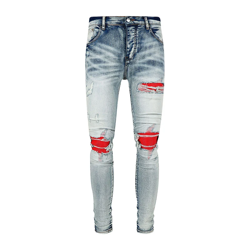 Designer High Street Fashion New Men's Jeans Washed Nostalgic Perforated Red Patched Light Blue Jeans Hip Hop Brand Pants Y2K